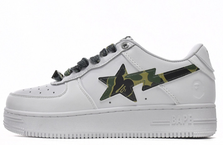 Кроссовки A Bathing Ape Bape Sta Leather White Green Camouflage  белые
